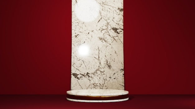 3D rendering of gold pattern marble podium and the red scene interspersed with marble background. Mockup for show product.