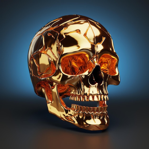 3d rendering of a gold skull on a black background