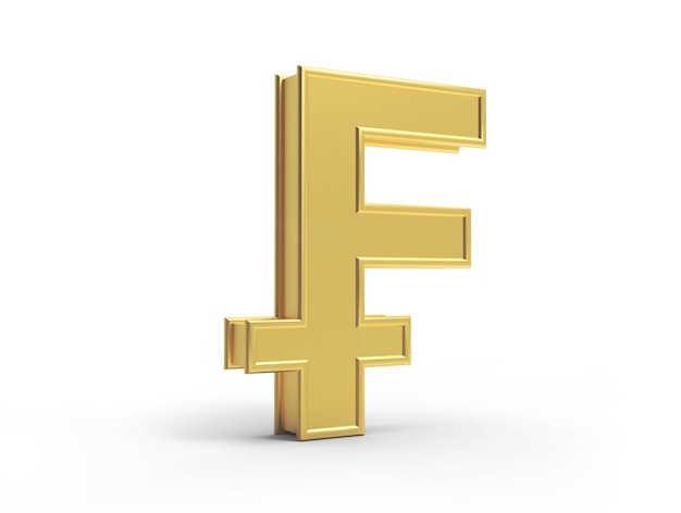 Фото 3d рендеринг золотого символа валюты швейцарии на белом фоне
