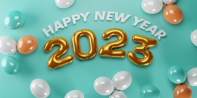 3d rendering gold text number 2023 and white balloons composition on green background