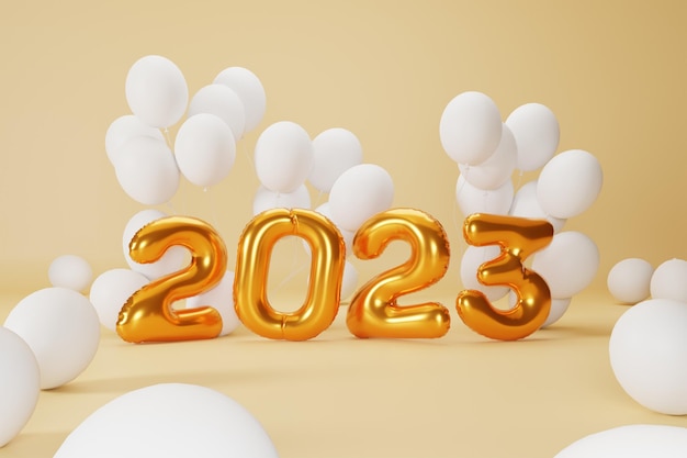 3d rendering gold text number 2023 and white balloons composition on orange background