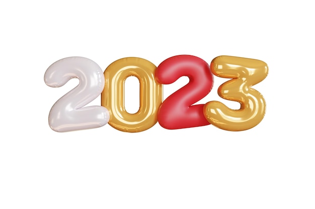 3d rendering gold text number 2023 and white balloons composition on white background