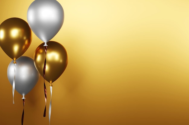 3D рендеринг золотых и белых шаров с лентами на чистом золотом фоне на день рождения