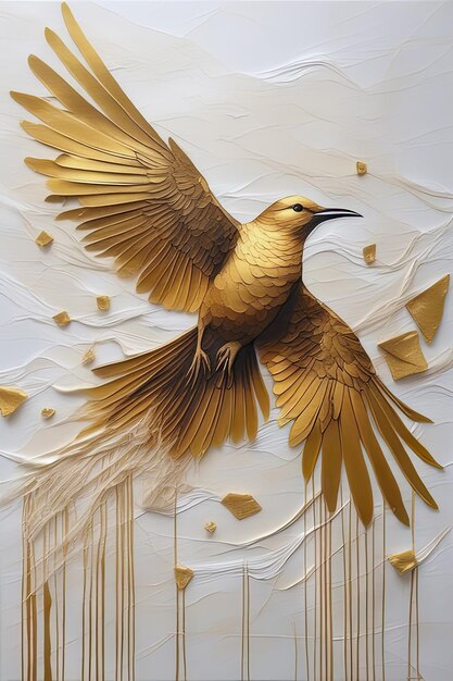 3D rendering of a golden bird on a white background with gold elements