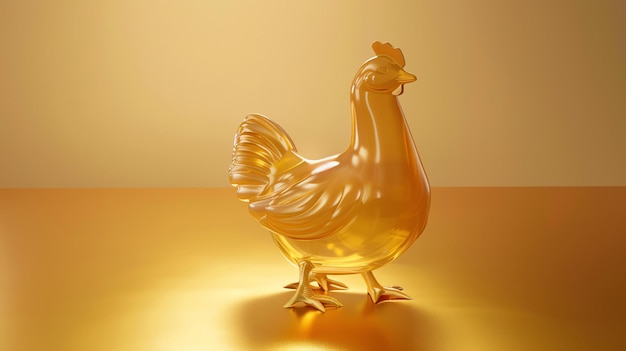 Photo a 3d rendering of a golden chicken the chicken is standing on a reflective surface and is facing the viewer