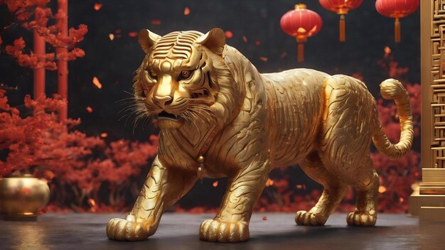 Photo 3d rendering golden chinese new year 2024 lunar new year year of the tiger