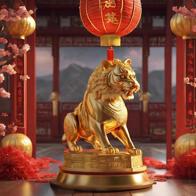 Photo 3d rendering golden chinese new year 2024 lunar new year year of the tiger