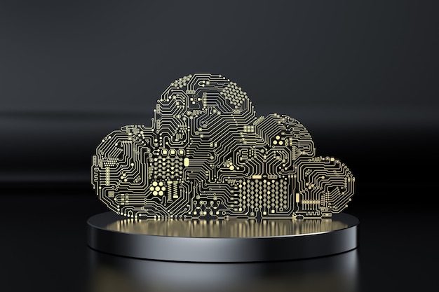 3d rendering golden circuit cloud for cloud computing technology