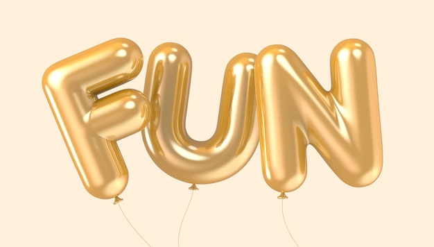 3d rendering golden color FUN foil balloon phrase on light orange background