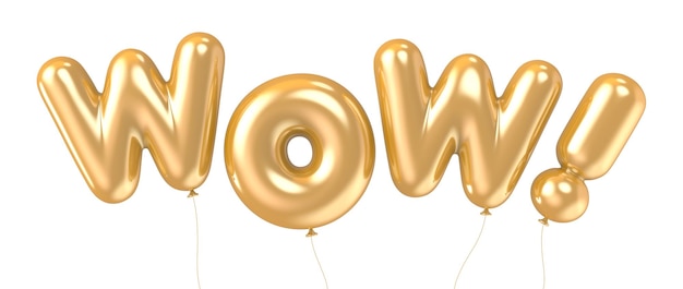 3d rendering golden color WOW foil balloon phrase on white background