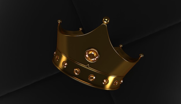 Photo 3d rendering of golden crown on a black back ground, royal gold crown on  pillow