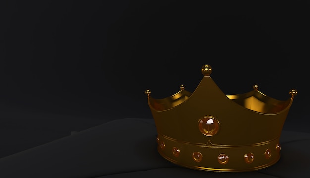 Photo 3d rendering of golden crown on a black background, royal gold crown on  pillow