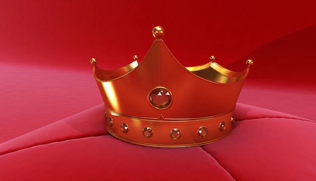 3D rendering of Golden Crown on a red background, Royal gold crown on  pillow