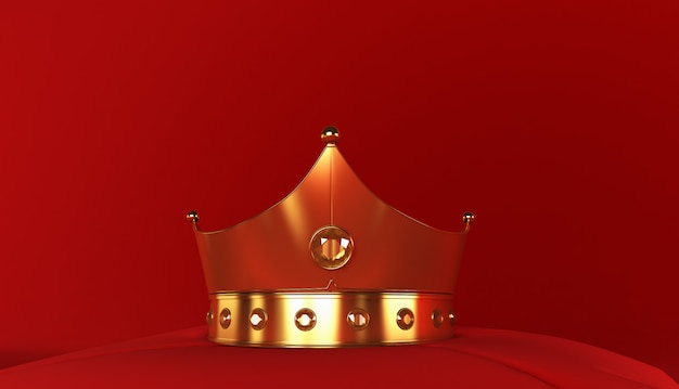 3D rendering of Golden Crown on a red background, Royal gold crown on  pillow