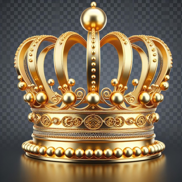 3D rendering of a golden crown with a black background designed with multiple peaks each topped w