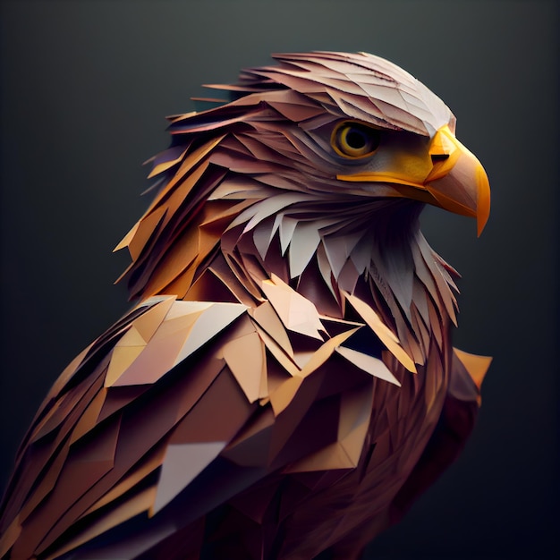 3d rendering of a golden eagle in low poly style on dark background