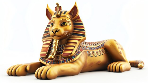 3D rendering of a golden Egyptian cat statue with intricate details and vibrant colors isolated on a white background