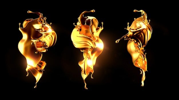 Photo 3d rendering of golden flowing splashes