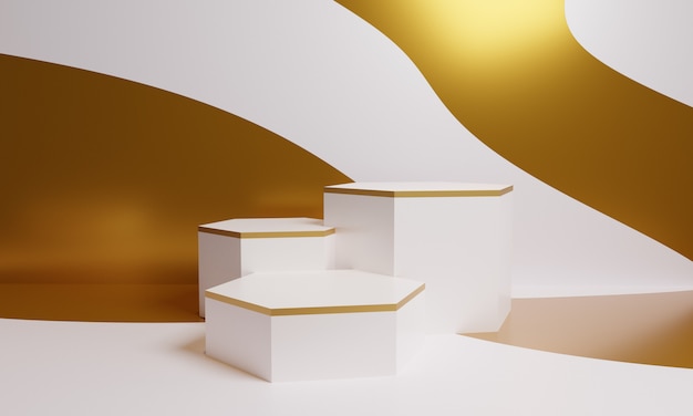 Photo 3d rendering of golden geometric pedestals