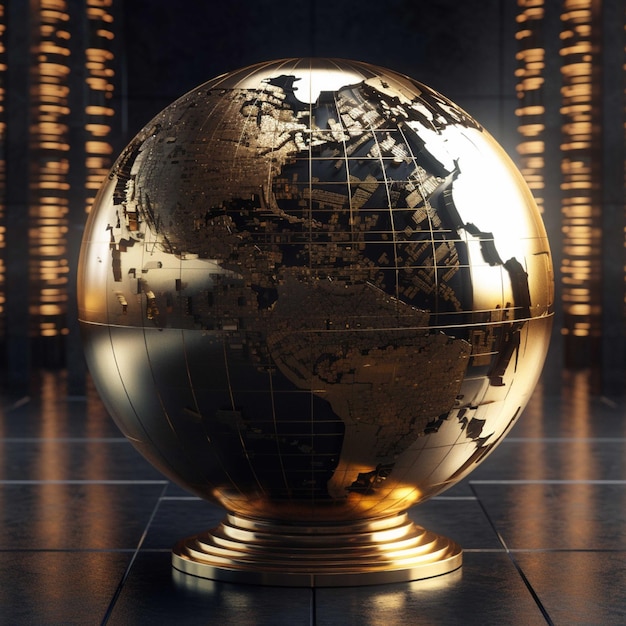 3d rendering of a golden globe on a pedestal in a dark room