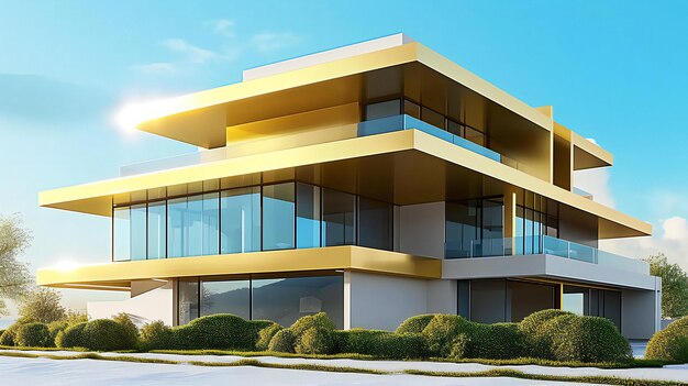 Photo 3d rendering of golden house and buildings model