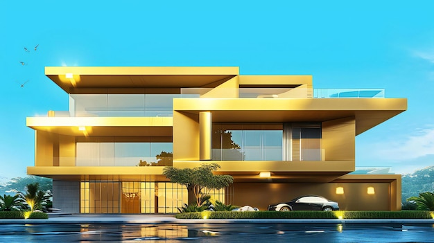 Foto rendering 3d della golden house e del modello degli edifici