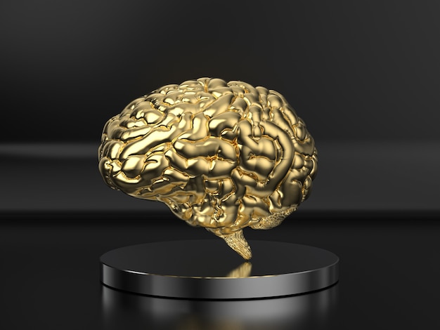 3d rendering golden human brain on black background