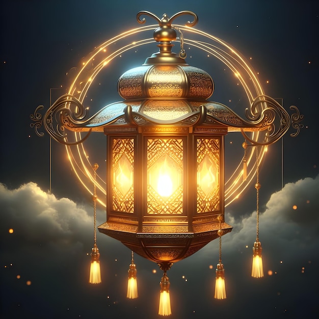 A 3d rendering of a golden lantern has a light on it