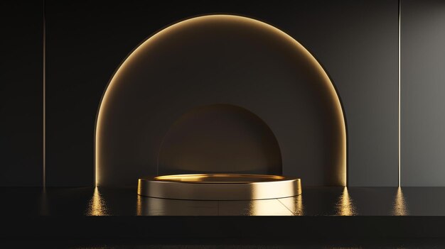 Photo 3d rendering of a golden podium with a dark background the podium is surrounded by a reflective surface and there is a spotlight shining down on it