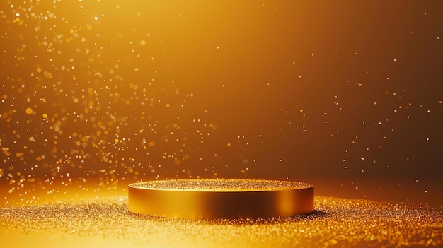 3D rendering of a golden podium with falling glitter particles