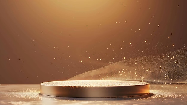 Photo 3d rendering of a golden podium with a golden particle wave flowing over it