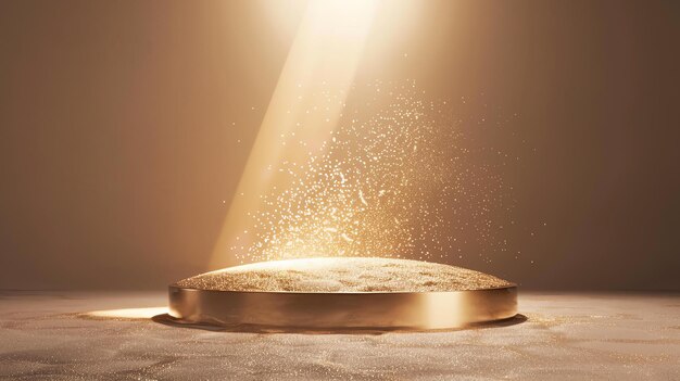 3D rendering of a golden podium with a spotlight shining down on it The podium is surrounded by a sandy texture