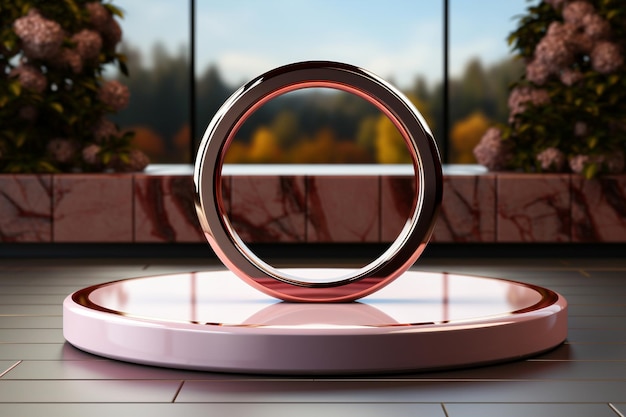 3d rendering of a golden ring on a round pedestal in the interior