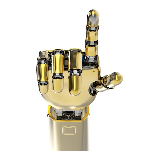 Foto 3d che rende la mano robotica dorata o il punto del dito della mano cyborg isolato