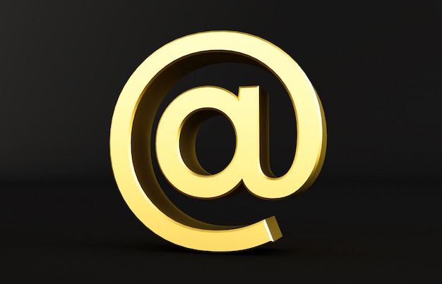 3D rendering of golden At sign isolated on black background. arobase