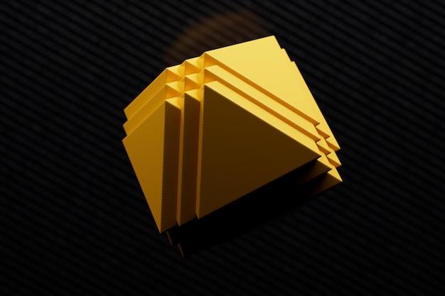 Foto rendering 3d. triangoli d'oro al centro su sfondo nero