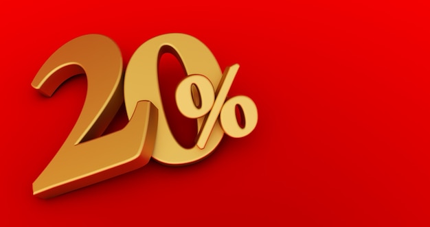 3D rendering of a golden twenty percent on a red background. Sale of special offers. Discount with the price is 20%.