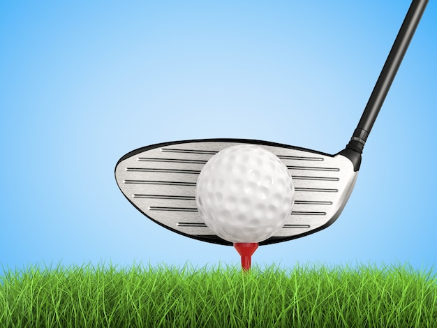 Photo 3d rendering golf club with golf ball on tee side view