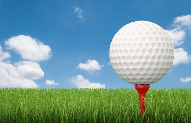 3D-rendering golfbal op tee met groen gras