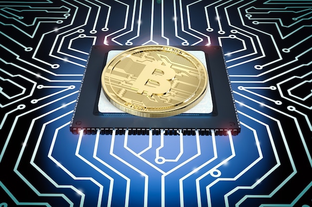 Foto 3d-rendering gouden bitcoin op cpu met printplaat