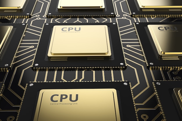 3D-rendering gouden cpu-chips op zwarte printplaat