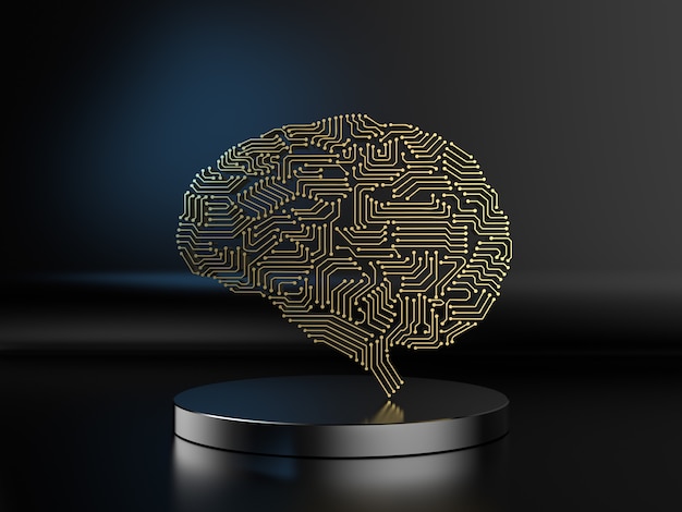 3d-rendering gouden kunstmatige intelligentie hersenen of circuit hersenen op zwarte achtergrond
