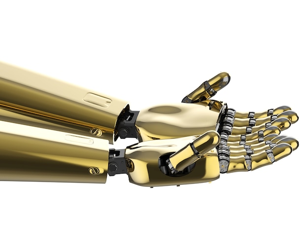 3D-rendering gouden robothand uitstrekken geïsoleerd op wit