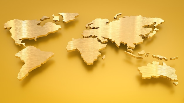 Foto 3d-rendering gouden wereldkaart op gouden achtergrond