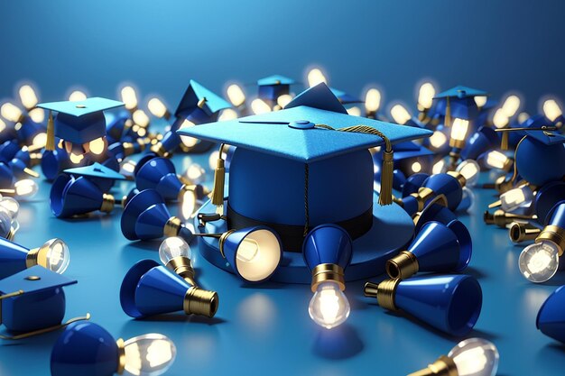 3d rendering of graduation cap and blue light bulbs