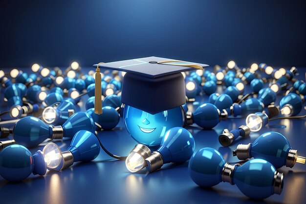 Photo 3d rendering of graduation cap and blue light bulbs