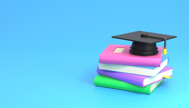 3D rendering. Graduation Cap and Books.