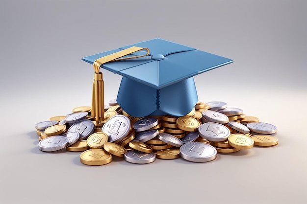 3d-рендеринг выпускной шапки значок монеты концепция экономии денег на образование изолированы на белом фоне 3d рендеринг иллюстрации мультяшном стиле