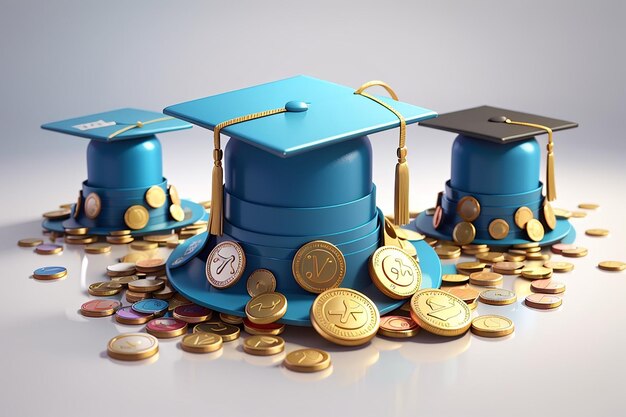 3d rendering of graduation cap icon coins concept of saving money for education isolated on white background 3d render illustration cartoon style