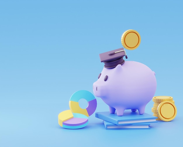 Photo 3d rendering of graduation cap icon coins and piggybank concept of saving money for education